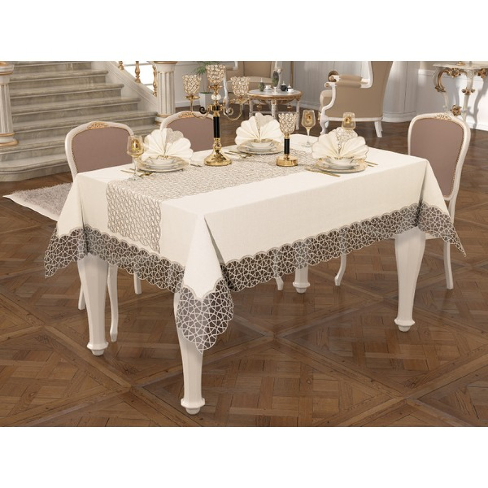Erva Home Design Erva Home Angles 12 Kişilik Yemek Seti - 160 x 260 cm - Açık Krem Masa Örtüsü Fiyatı