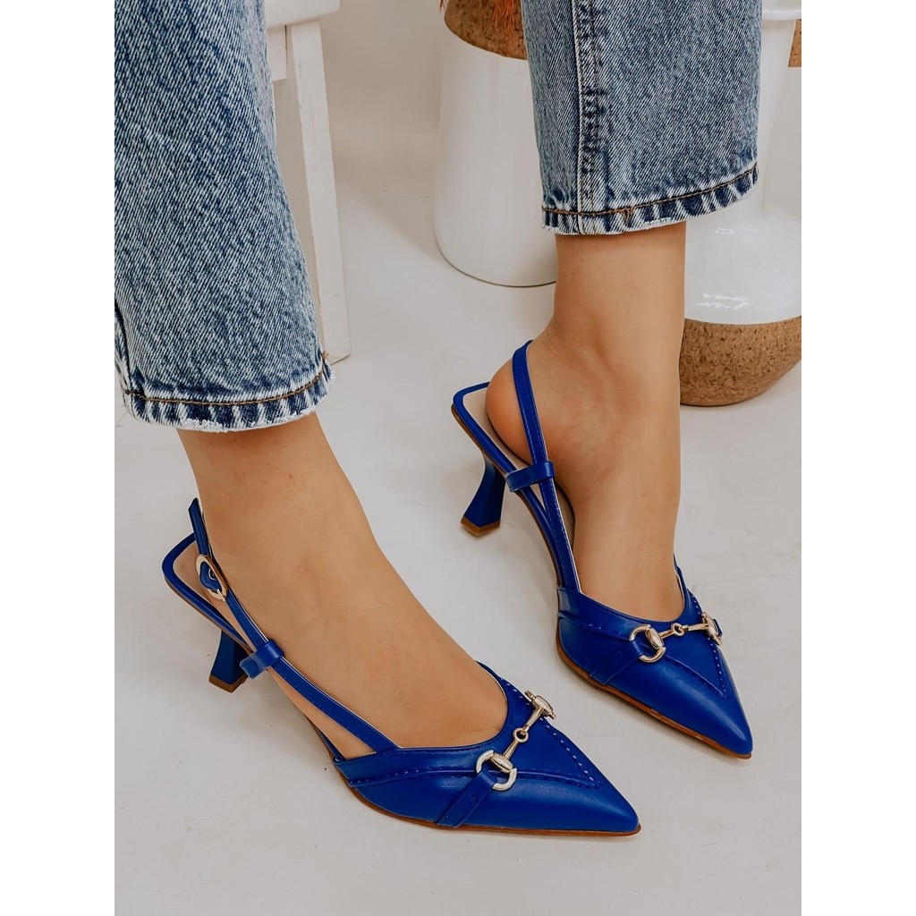 Erva'nın Butiği Saks Mavi Deri (Moss) Toka Detay Kadın Stiletto Topuklu Ayakkabı Fiyatı