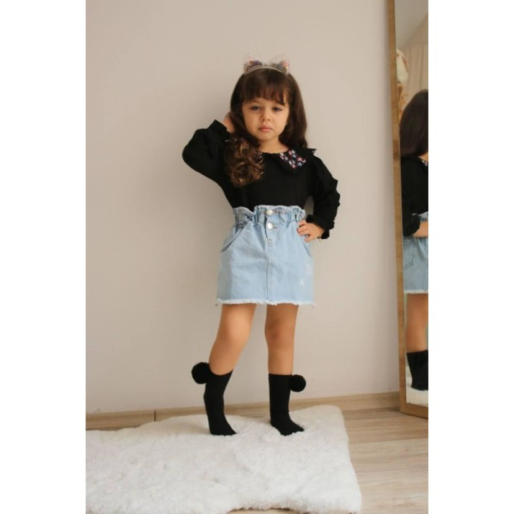 Ervasare Kids Yakalı Siyah Bluz ve Kot Etek Yeni Sezon Bayramlık Kız Çocuk Takım 5-6 Yaş Kız Çocuk Giyim Takımı Fiyatı