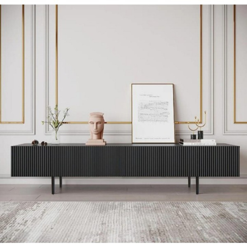 Erzey Home Şık ve Fonksiyonel Modern Çizgi Kapaklı 200 Cm`lik Mdf Tv Sehpas - Siyah Tv Ünitesi / Sehpası Fiyatı