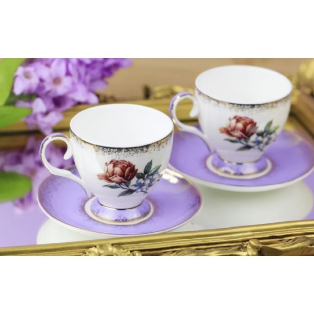 Es Dekor Güllü Mor 2li Kahve Takımı Bone China 2'li Mor Kahve Fincanı Seti Fincan / Bardak / Kahve Takımı Fiyatı