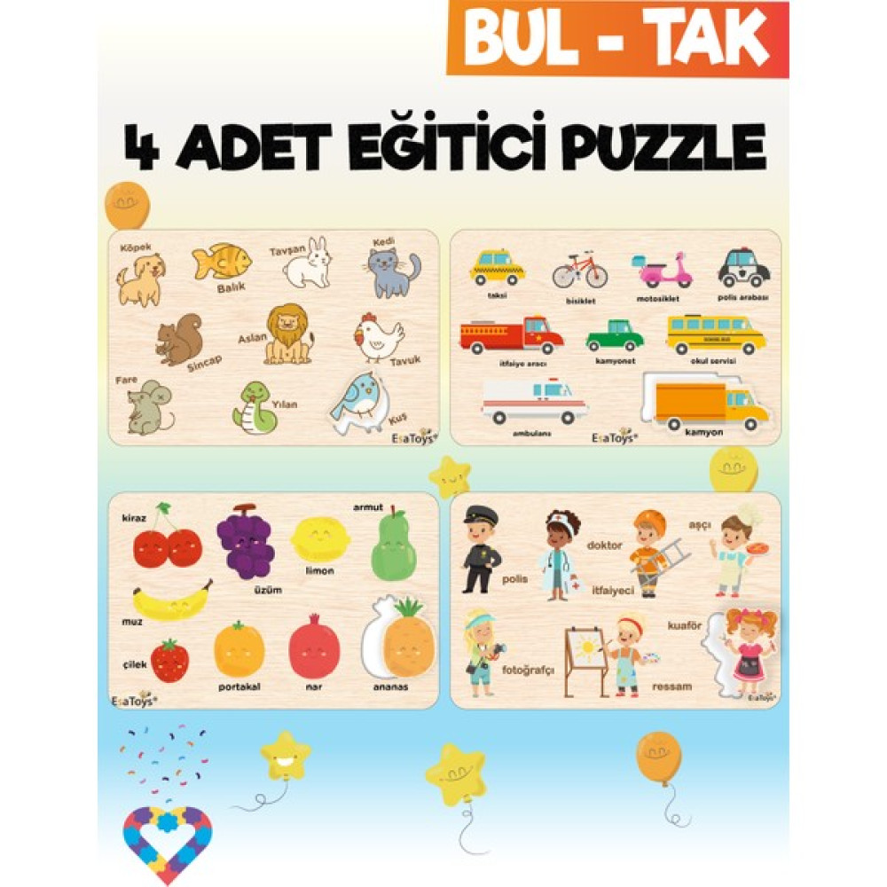 Esa Toys Ahşap Hayvanlar Taşıtlar Meslekler ve Meyveler 4'lü Çocuk Puzzle Bebek Oyuncakları Fiyatı