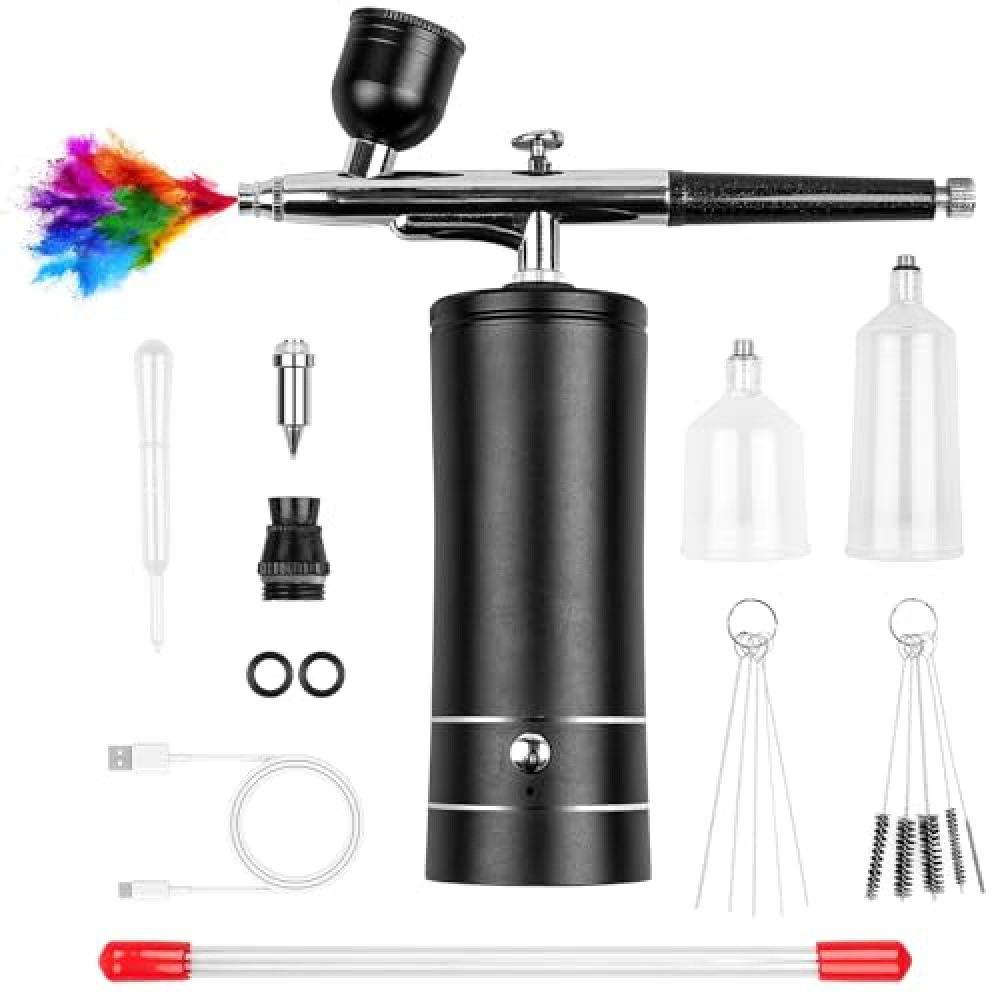 Esakoya Airbrush Kit Rechargeable Cordless Airbrush Compressor, Non-Clogging High-Pressure Air Brush Set with 0.3mm Nozzle and Cleaning Brush Set for Makeup, Barber, Nail Art, Cake Decor