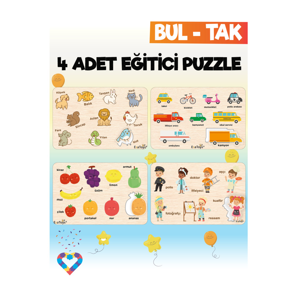 esatoys Ahşap Çocuk Puzzle Hayvanlar Taşıtlar Meslekler Ve Meyveler 4 Adet Puzzle Puzzle & Aksesuarları Fiyatı