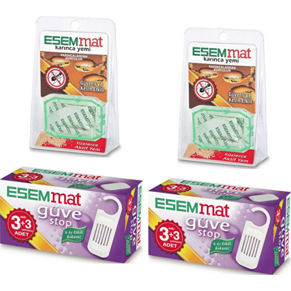 Esemmat Güve Kovucu (3 Askı + 3 Çekmece ) - Kokusuz , 6 Ay Boyunca Etkili x 2 'li + Karınca Yemi x 2 'li Sinek-Kene-Haşere Kovucu Fiyatı