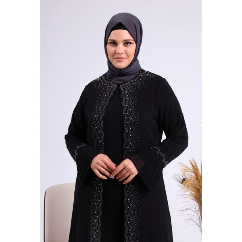 Esin Işık Kadın Büyük Beden Taşlı ve Inci Desenli Kolları Piliseli Anne Tesettür Abiye Elbise Fiyatı