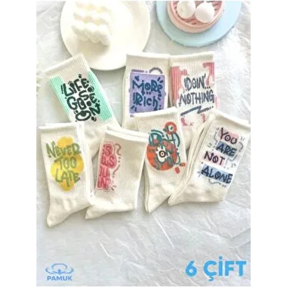 Esinti Renkli Kaligrafi Desenli Unisex Soket Çorap 6 Çift %80 Pamuk Esnek Desenli Beyaz Kolej Çoraplar Soket Çorap Fiyatı