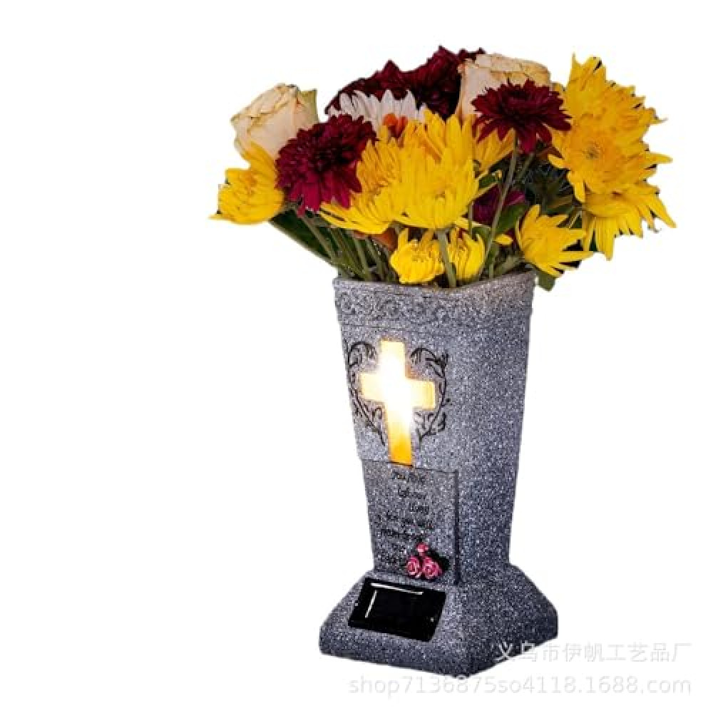 Esinyee Angel Cross Graveyard Solar Vase - for cemeteries, for Halloween props to honor loved ones., Light Gray