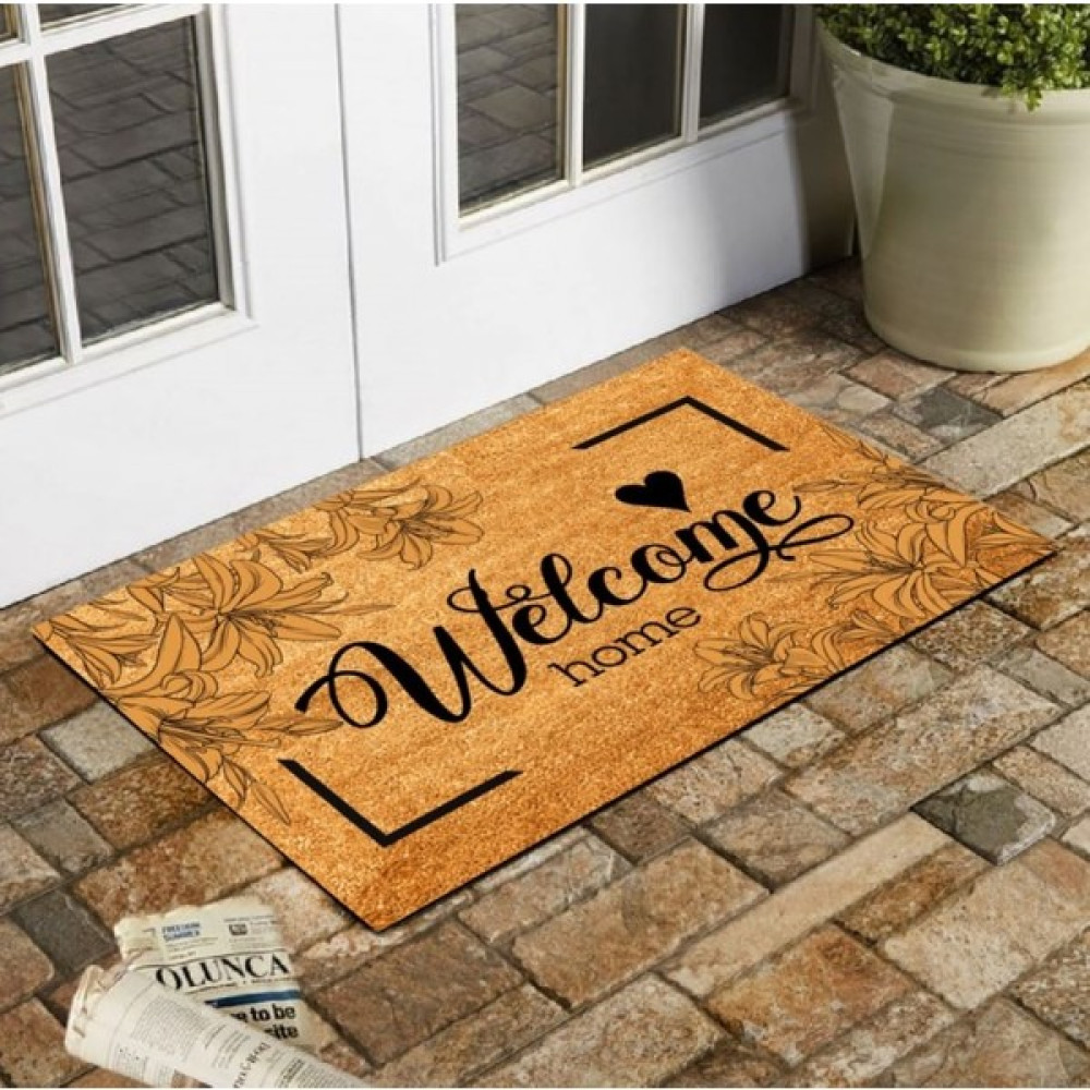 Esnature Welcome Zambak Çiçekli Kalp Desenli Kapı Önü Paspası 45X70 cm - Açık Kahve - 45 x 70 cm Paspas Fiyatı