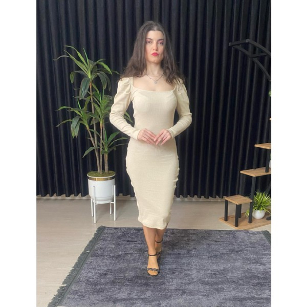 Espoir Plus Espoirplus Kare Yaka Siyah Renk Vücuda Oturan Midi Boy Pileli Kol Örme Elbise Elbise Fiyatı