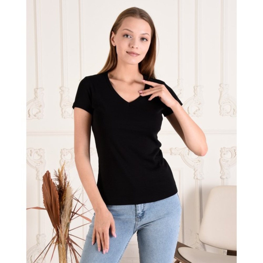 Espoirplus Kadın Siyah V Yaka Kısa Kol %100 Pamuk T-Shirt Bayan T-shirt Fiyatı