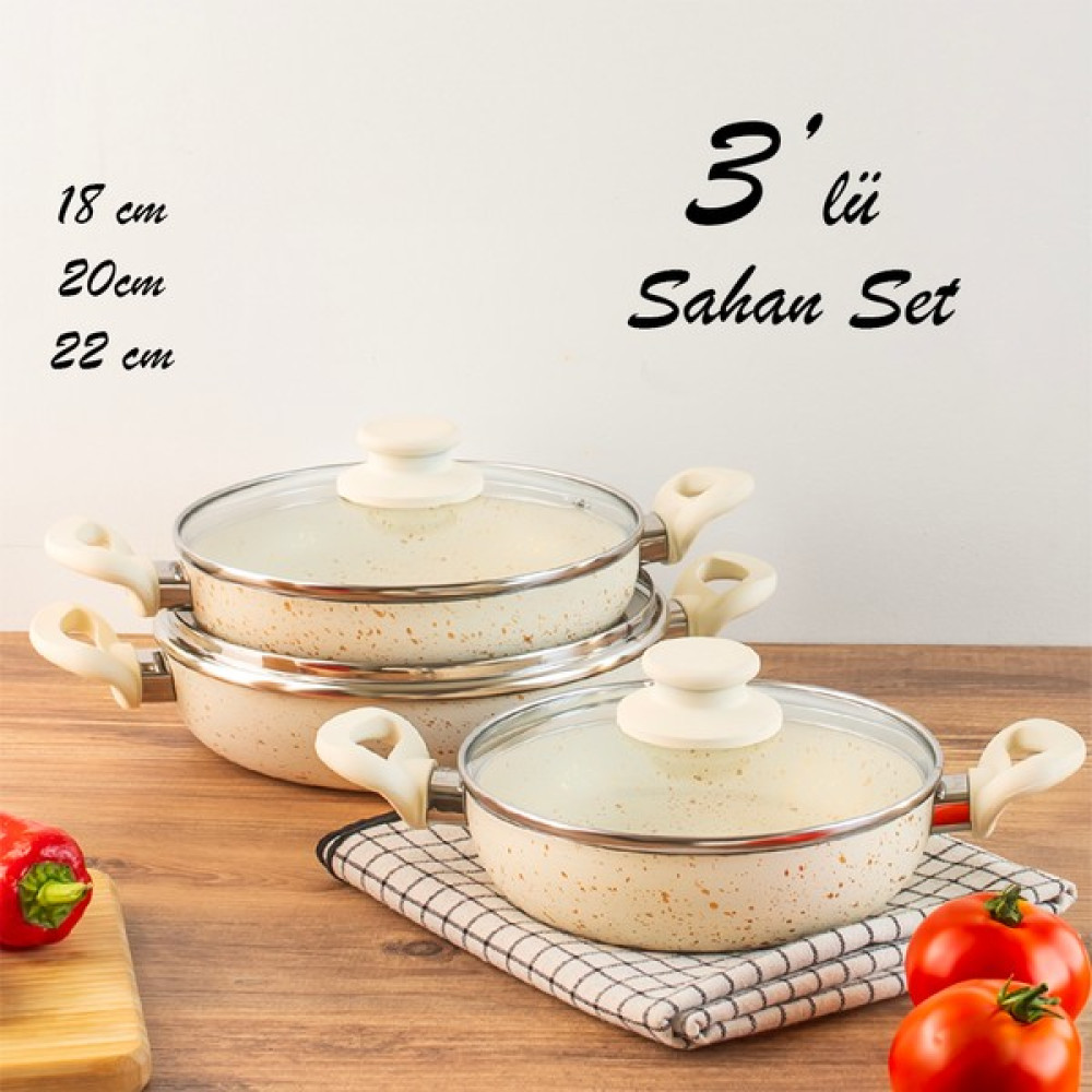Esra 3 Lü Granit Sahan Seti - 6 Parça Cam Kapaklı Çift Kulplu Omlet Sahan Takımı - Krem Tavalar Fiyatı