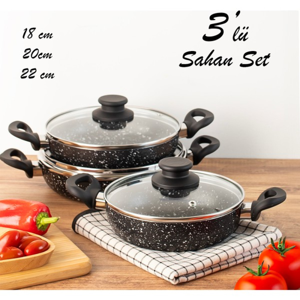 Esra 3 Lü Granit Sahan Seti - 6 Parça Cam Kapaklı Çift Kulplu Omlet Sahan Takımı - Siyah Tavalar Fiyatı