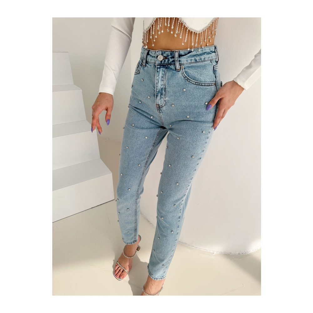 ESRAHELVACI Buz Mavi Taşlı Mom Jean 38 Beden Bayan Jeans / Kot Pantolon Fiyatı
