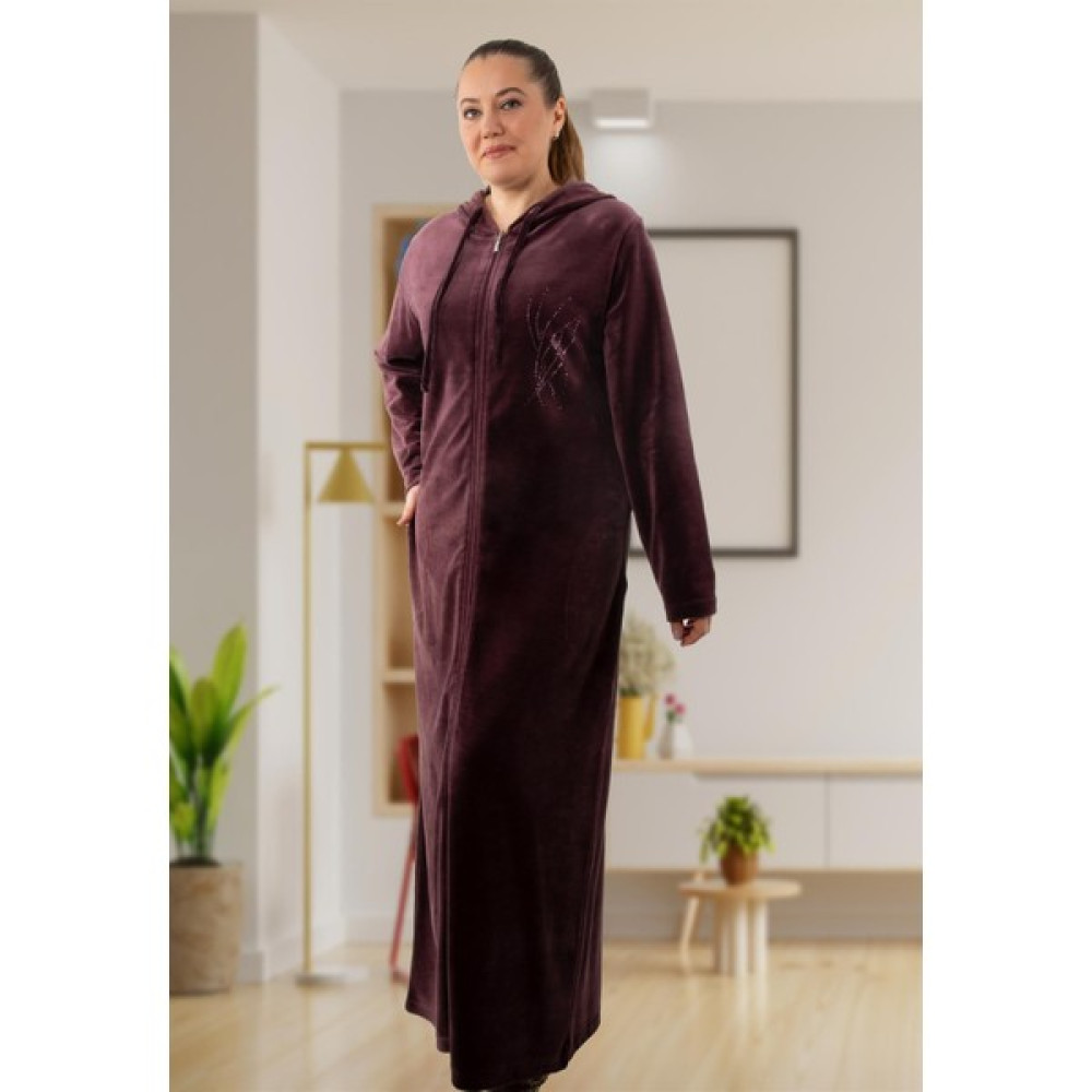 esrateks Fermuarlı Cepli Kapüşonlu Mürdüm Rengi Uzun Kadife Elbise Elbise Fiyatı