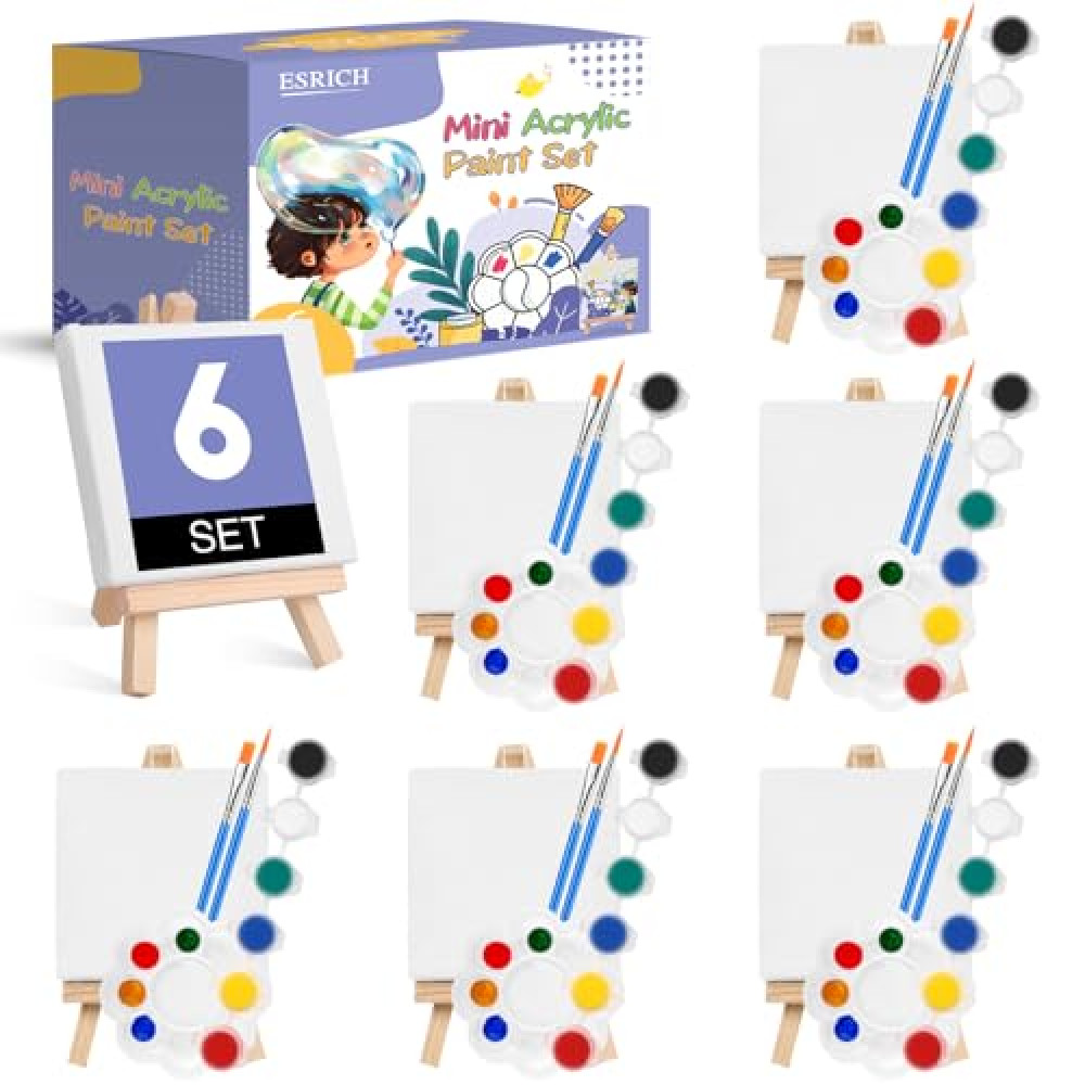 ESRICH 6 Set Mini Acrylic Paint Kit,Minis Stretched Canvas with Easel,Acrylic Paint Strips,Paint Palettes,Painting Brushes, Mini Canvas and Easel Set for Kids Artists Beginner,Gift