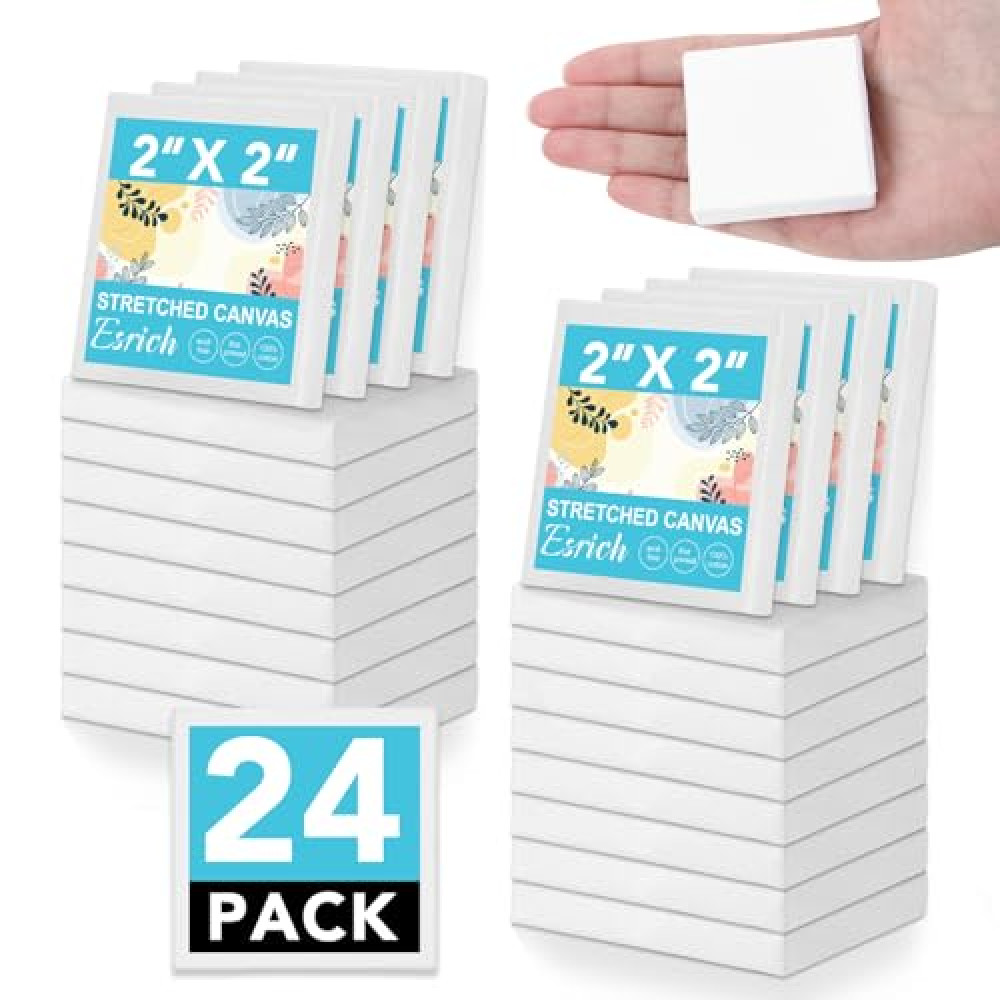 ESRICH Mini Stretched Canvas 24Pack 2x2inch, 2/5''Profile Art Primed Canvases for Painting, Cotton Small Professional Stretched Canvas for Kids and Art Supplies.