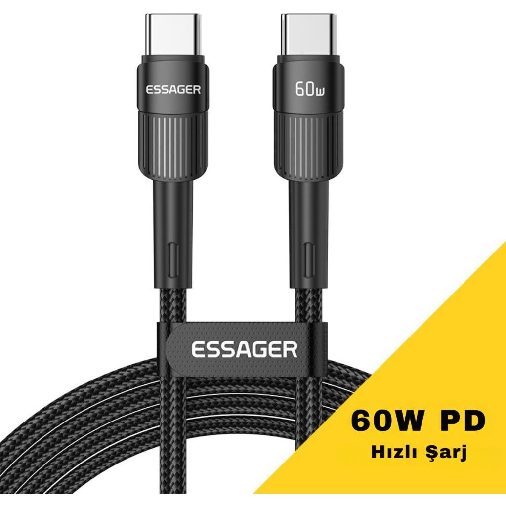 Essager 0.50CM 60W Pd Type C To Type C Şarj Kablosu, Akım, Isı ve Güç Korumalı Ultra Sağlam Kablo - Siyah - 0.50 CM Bilgisayar Çevirici ve Adaptörü Fiyatı
