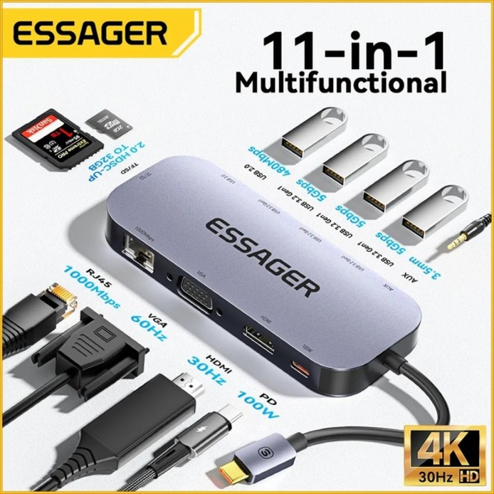 Essager 11'in 1'i Type-C Hub Çoğaltıcı /4K Hdm/Usb C Pd/3.Mm/Tf Kart/Sd Kart/Usb A/Usb C/100W/RJ45/WGA En Son Nesil Teknoloji Çevirici Dönüştürücü Bilgisayar Çevirici ve Adaptörü Fiyatı