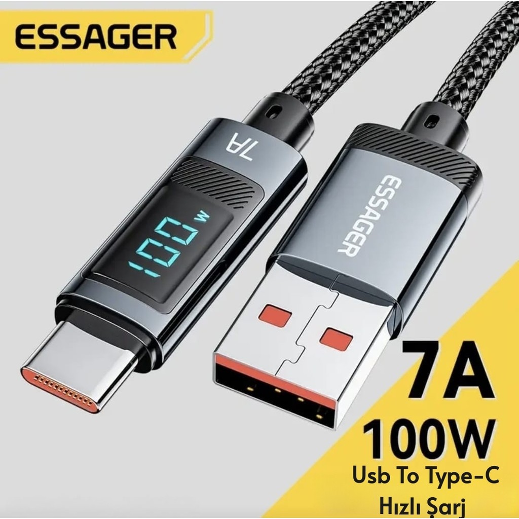 Essager 2-Metre 100W 7A Usb To Type-C Süper Hızlı Şarj ve Data Veri Kablosu Dijital Ekranlı CE Lisanslı Orijinal Hasır Örgülü Sağlam Kablo - Siyah Bilgisayar Çevirici ve Adaptörü Fiyatı
