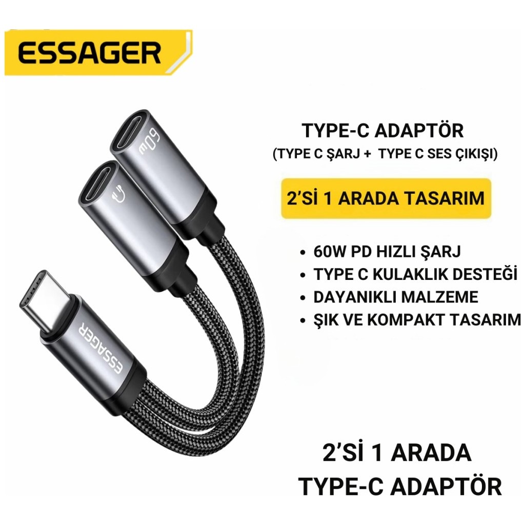 Essager 2in1 Type-C Adaptör | 60W Hızlı Şarj + Type C Kulaklık Çıkışı, Hifi Ses ve Hızlı Şarj Adaptörü - Gri Bilgisayar Çevirici ve Adaptörü Fiyatı