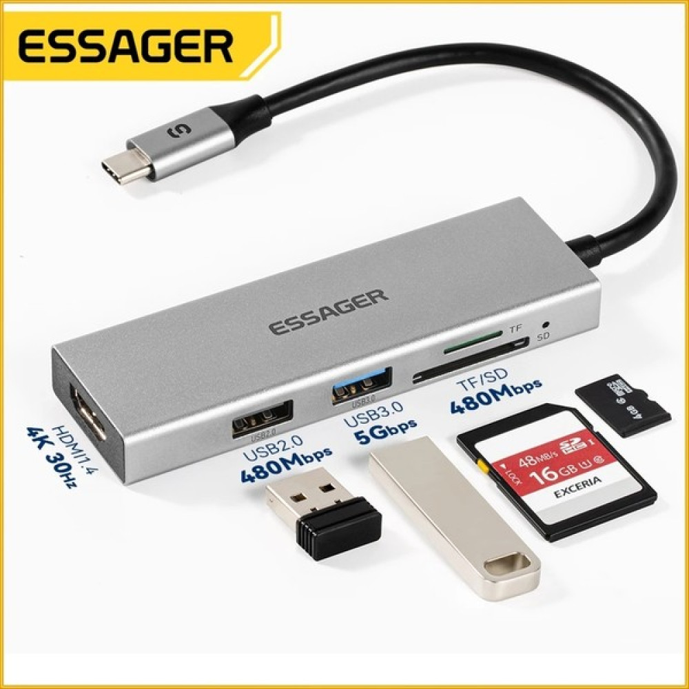 Essager 5'in 1'i Hub Çoklayıcı CE/FC/ROHS Lisanslı 4K 30Hz Hdmi/TF Kart/SD Kart/Usb 3.0/Usb 2.0/ 5Gps Laptop/Macbook/Tv/Projektör Hızlı En Son Nesi... Bilgisayar Çevirici ve Adaptörü Fiyatı