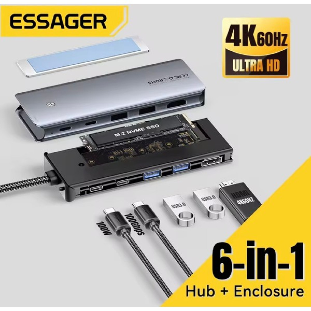 Essager 6'nın 1'i M.2 Ssd Fonksiyonlu Çoğaltıcı Hub 4K 10Gbps Type-C Pd 100W Usb3.2 Gen2 HDMİ 60Hz4K/CE/FC/ROHS Lisanslı Bilgisayar Çevirici ve Adaptörü Fiyatı