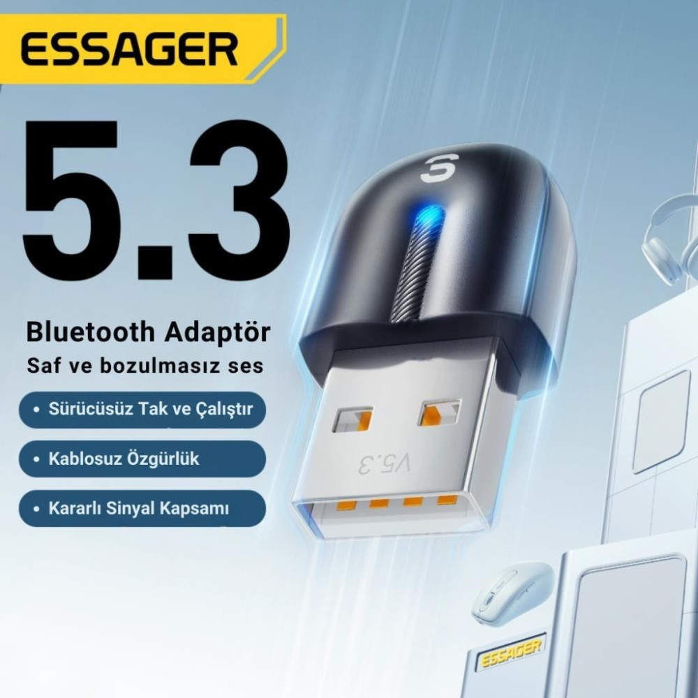 Essager Bluetooth Vers.5.3 USB Bluetooth Adaptör USB Bluetooth 5.3 Wireless Adaptör Tak Çalıştır Wireless Adaptör Fiyatı
