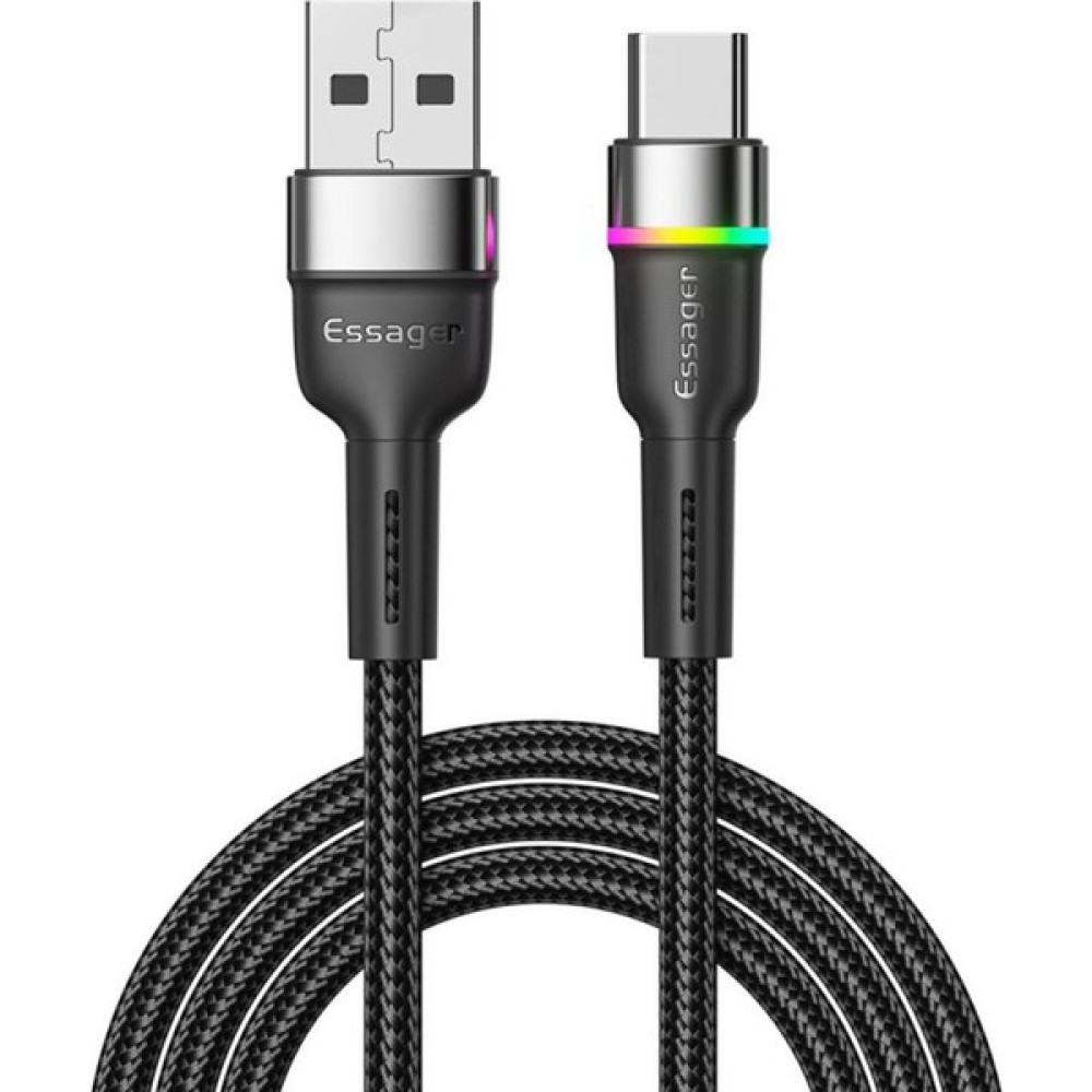 Essager LED Işıklı 1 Metre 3A USB To Type-C Ultra Hızlı Şarj Kablosu Dayanıklı Renkli LED Işıklı Kablo - Siyah Diğer Fiyatı