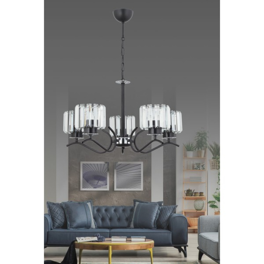 Esslight Ayla 5 Li Siyah Modern Kristalli Sarkıt Avize - Siyah - Krom Avize Fiyatı