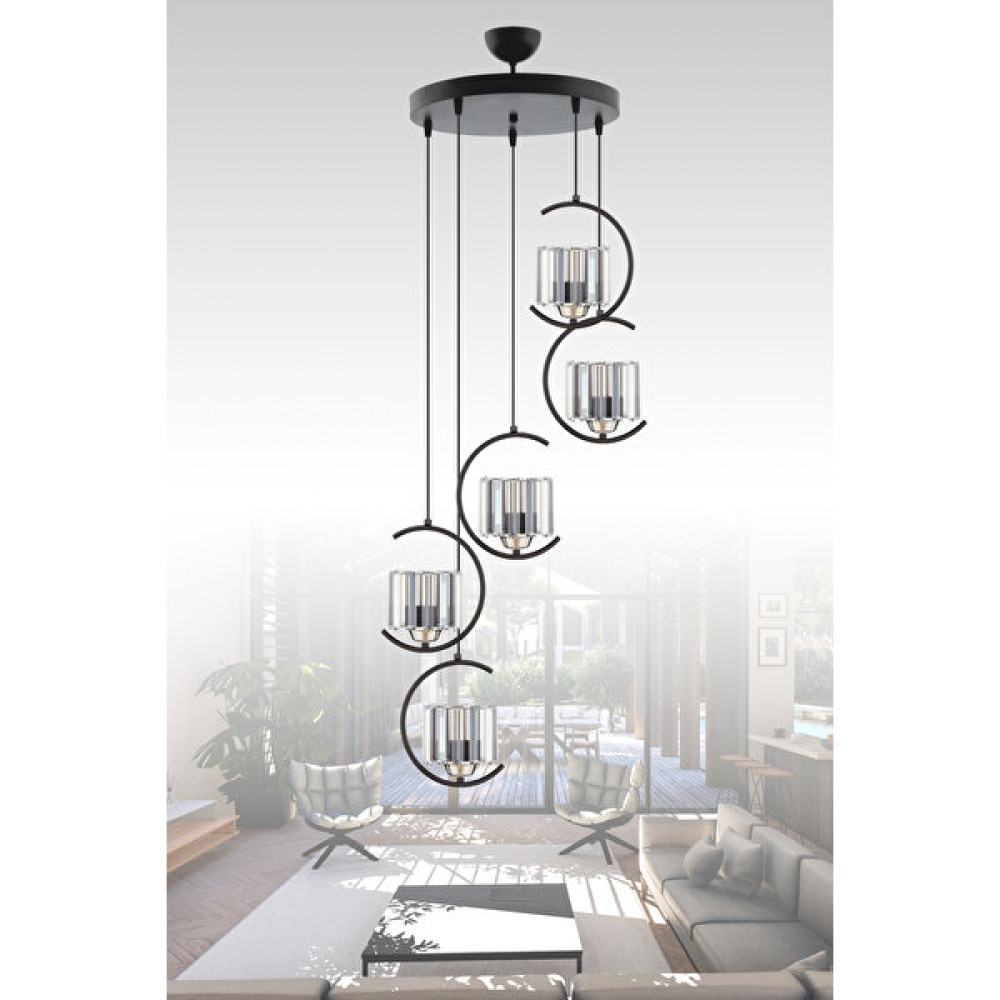 Esslight Eftal 5 Li Modern Siyah Kristalli Sarkıt Avize - Siyah - Krom - 5'li Avize Fiyatı
