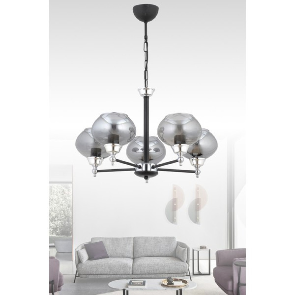Esslight Linda 5 Li Modern Füme Başlıklı Sarkıt Avize - Siyah - Krom - 5'li Avize Fiyatı