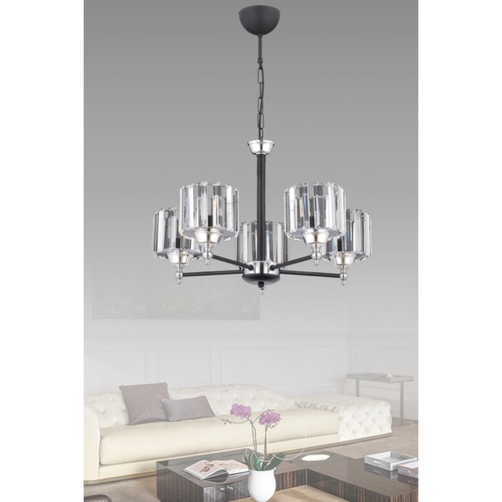 Esslight Rüzgar 5 Li Modern Kristal Başlıklı Sarkıt Avize - Siyah - Krom - 5'li Avize Fiyatı