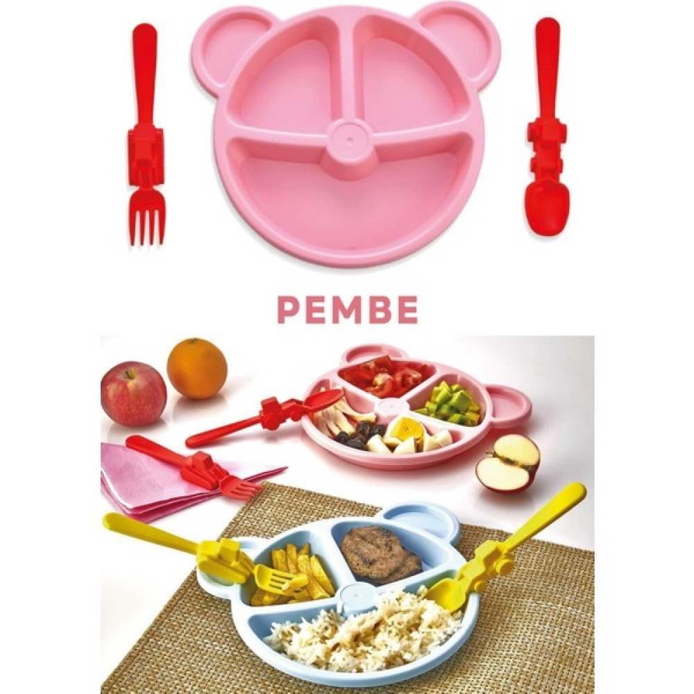 Est Ticaret 3 Parça Araba Figürlü Çocuk Çatal Kaşık ve Mama Tabağı Seti Çocuk Tabak Çatal Kaşık Seti - Pembe - Kırmızı Mama Seti Fiyatı