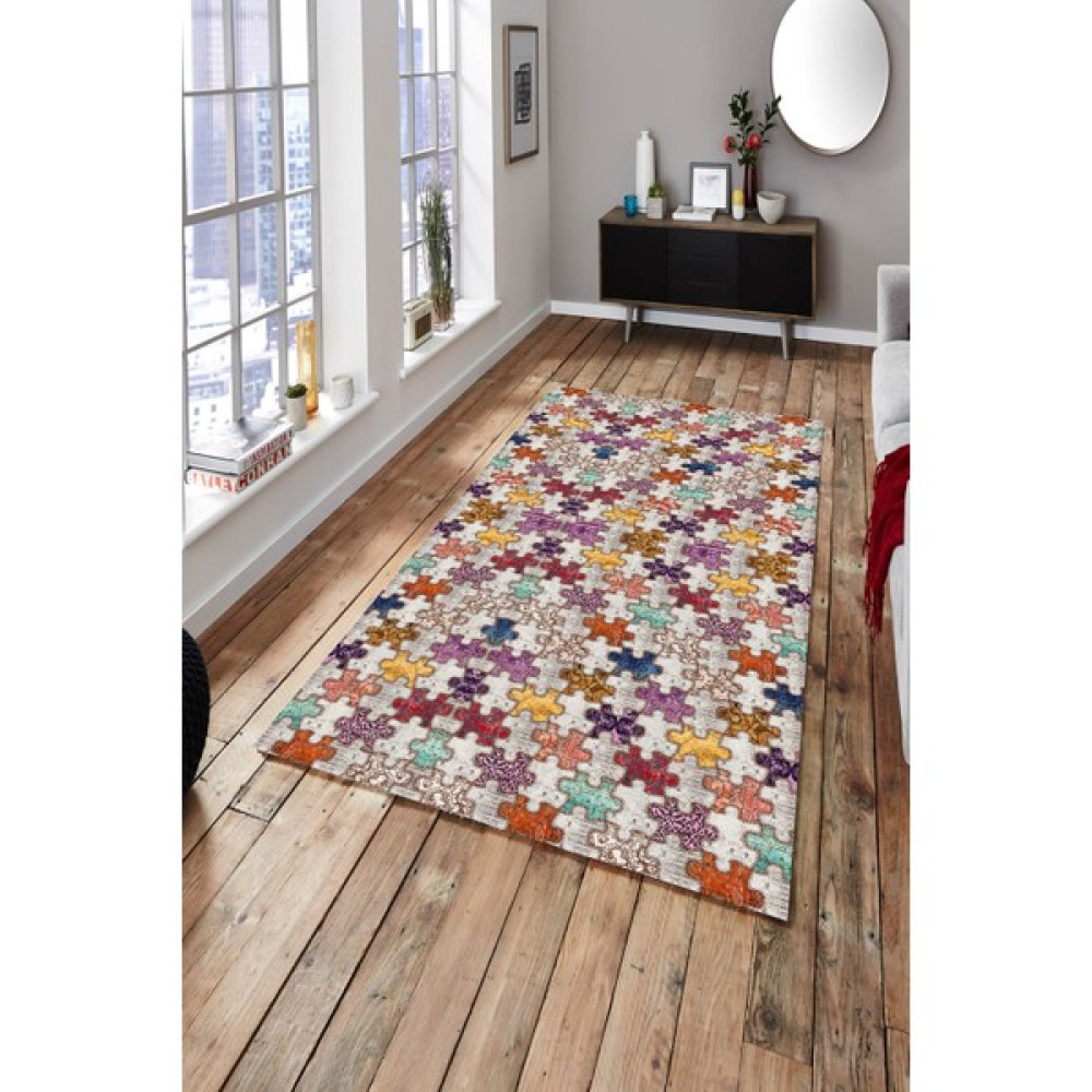 Esta Halı Esta Dijital Baskılı Makinada Yıkanabilir Renkli Yapboz Desenli Halı - ES259 - 80 x 140 cm Salon Halısı Fiyatı