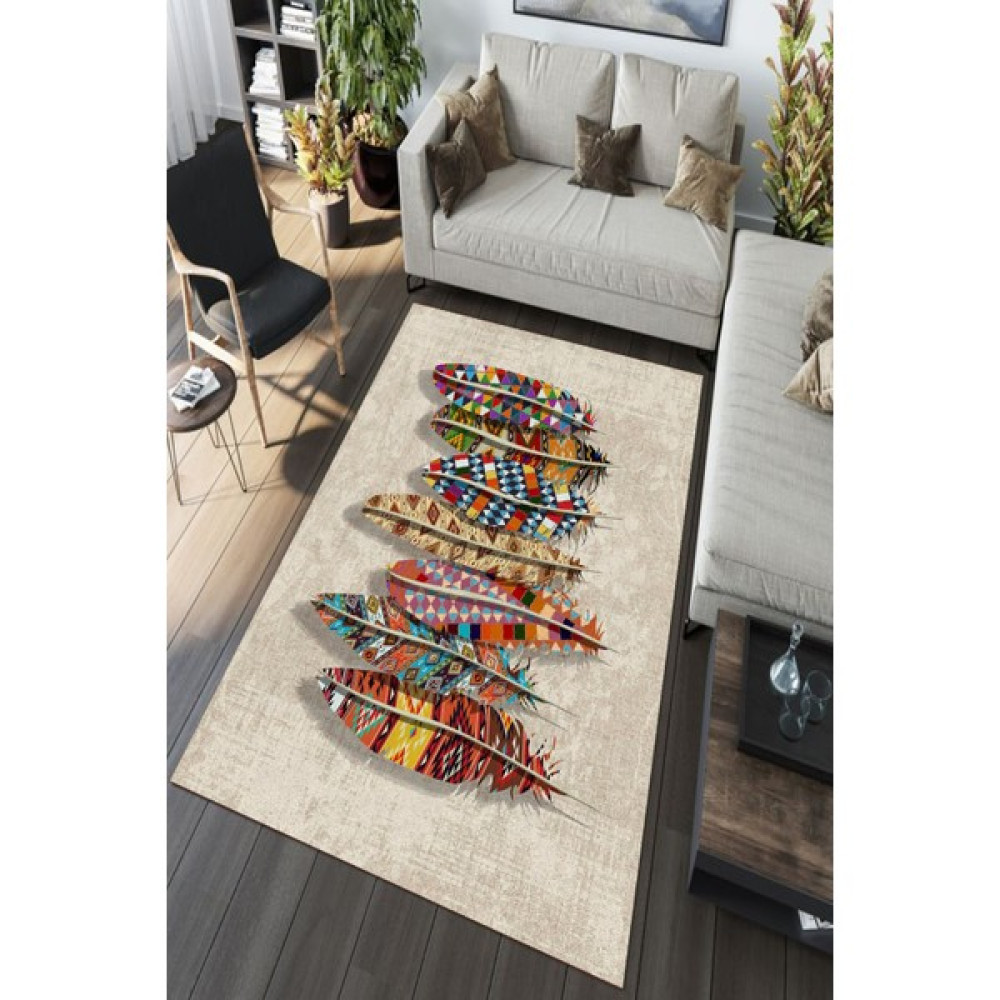Esta Halı Esta Renkli Tüy Desenli Krem Dijital Baskılı Halı (Makinada Yıkanabilir Kaymaz Dod Taban) - ES1097 - 180 x 300 cm Salon Halısı Fiyatı