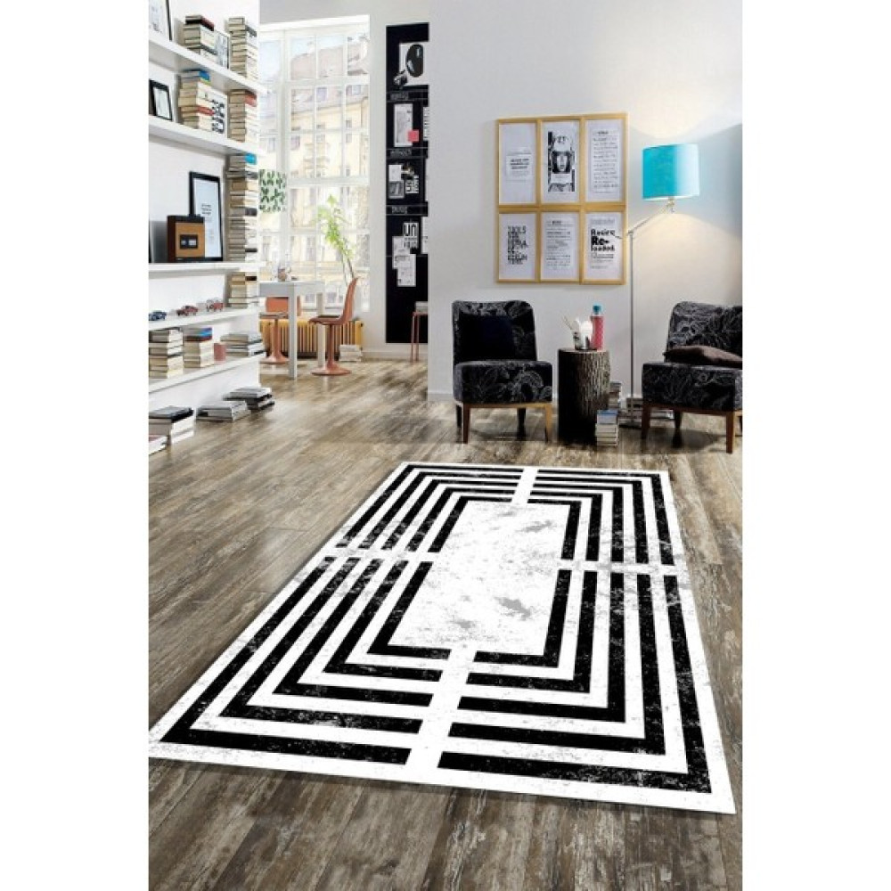 Esta Siyah Beyaz Labirent Halı - 80 x 100 cm - Siyah - Beyaz Salon Halısı Fiyatı