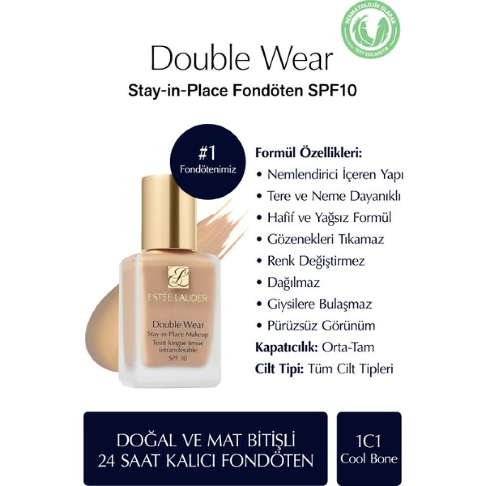 Estee Lauder Doğal ve Mat Bitişli - Double Wear Stay-in-Place Fondöten SPF 10 ( 1C1 Cool Bone) - 30 ml Fondötenler Fiyatı