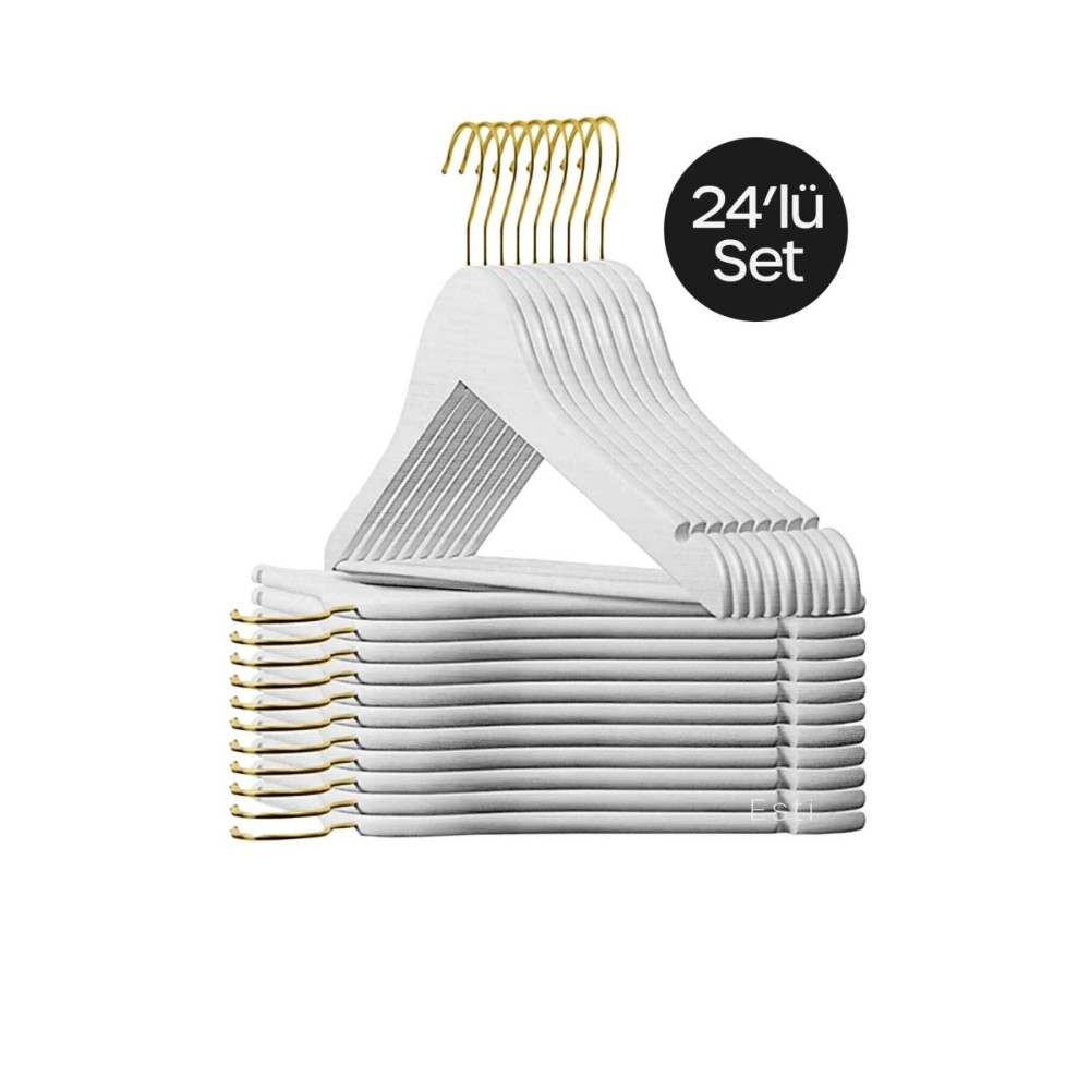ESTİ 24 Adet - Beyaz Gold Kancalı Ahşap Görünümlü Plastik Askı Kıyafet Elbise Gömlek Askısı Ev & Dekorasyon Aksesuarları Fiyatı