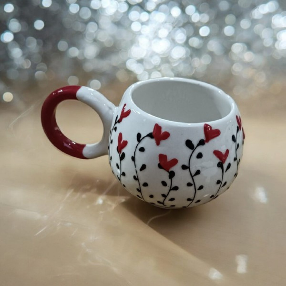 Estilo El Yapımı Çiçek Kalpli Işlemeli Kupa Seramik Hediye - 1 Adet - 100 ml Fincan / Bardak / Kahve Takımı Fiyatı