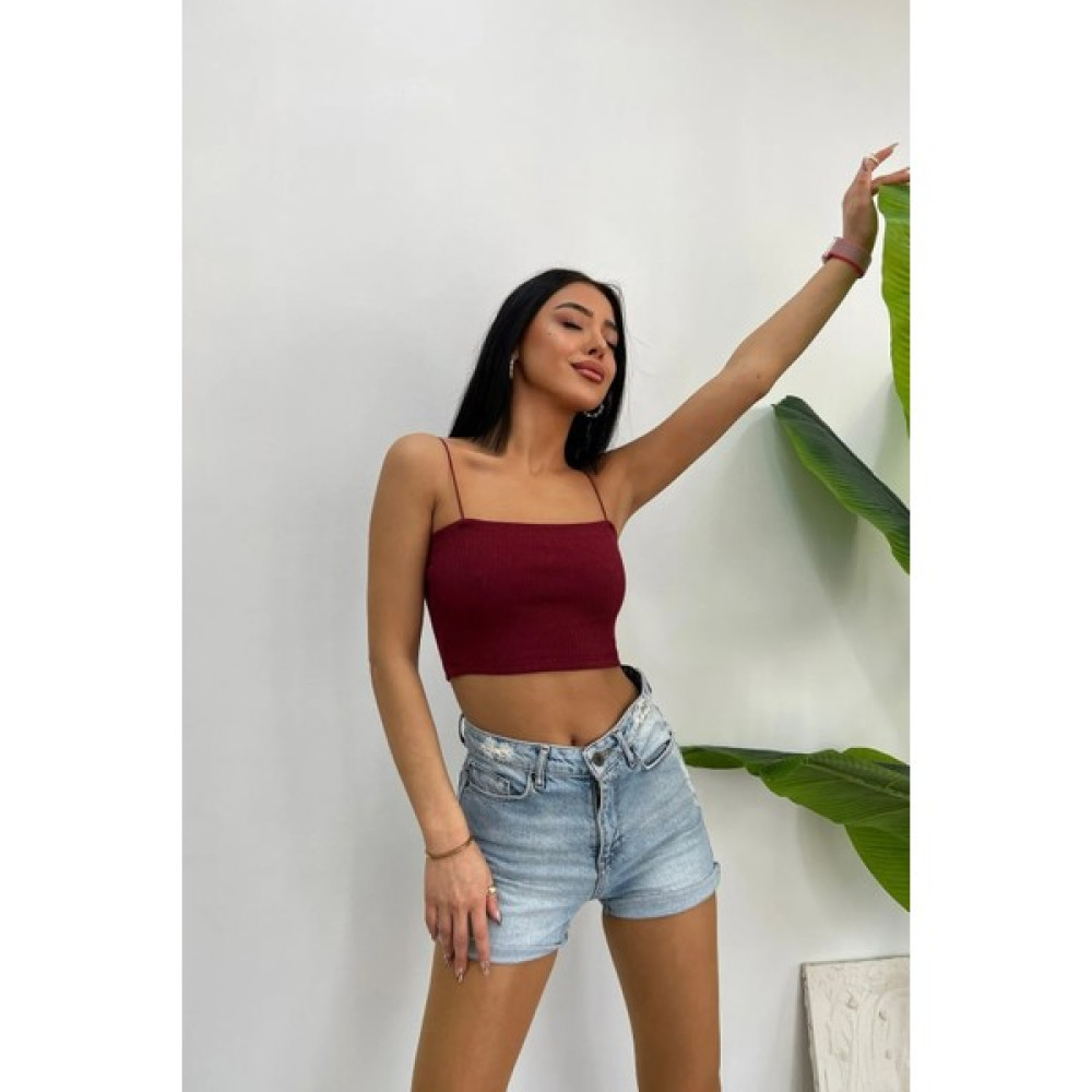 Estilovivo Bordo Kaşkorse Ip Askılı Büstiyer Crop Bluz Fiyatı