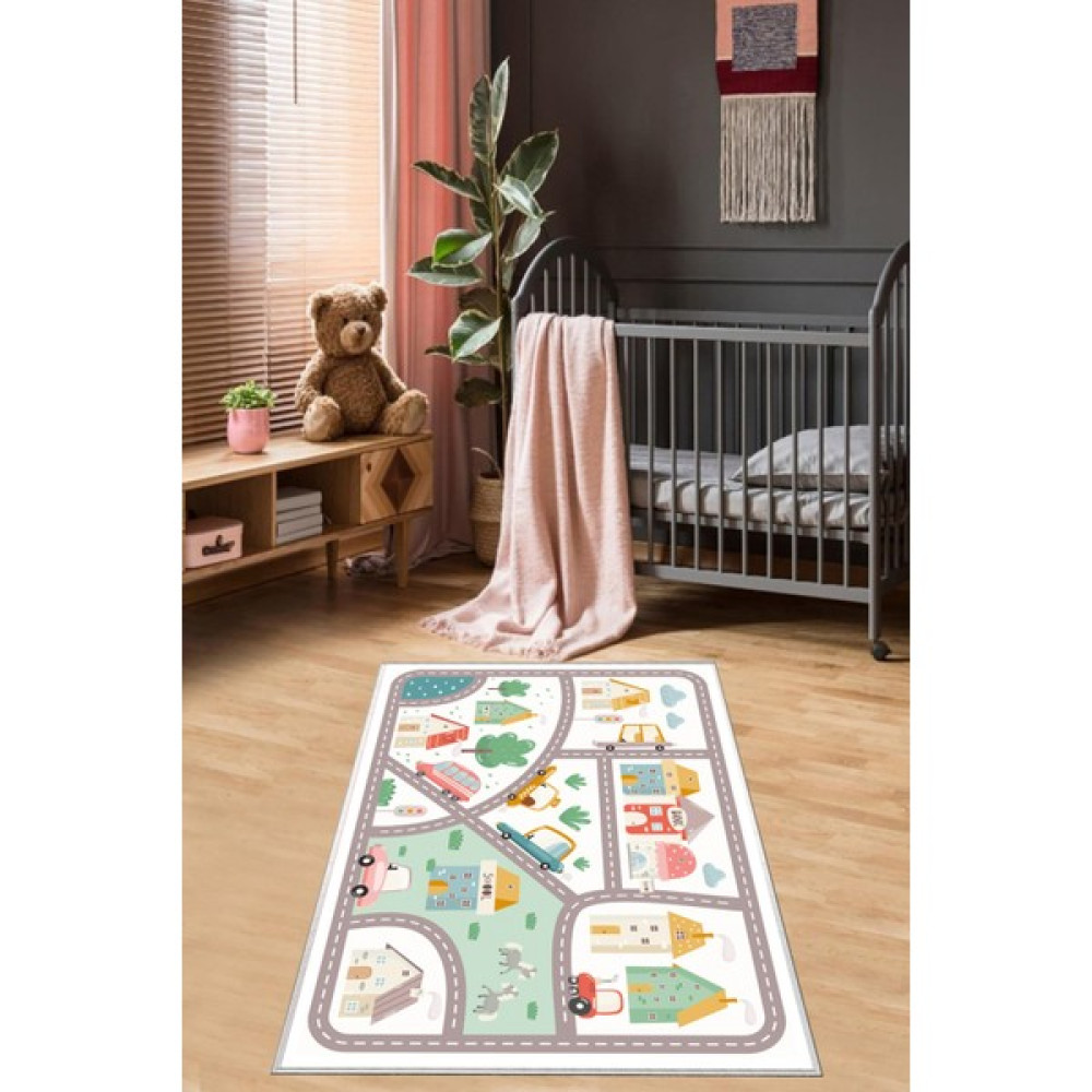 Estrella Home Dijital Baskılı Kaymaz Taban Yıkanabilir Arabalı Yollu Okul Desenli Çocuk Halısı - 60 x 90 cm - Beyaz - Renkli Bebek Odası Halı Fiyatı
