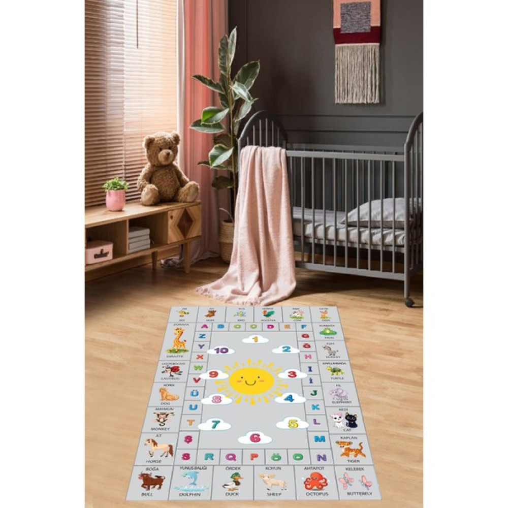 Estrella Özel Tasarım Dijital Baskılı Kaymaz Taban Yıkanabilir Eğitici ve Öğretici Çocuk Odası Halısı - 60 x 90 cm - Gri Salon Halısı Fiyatı