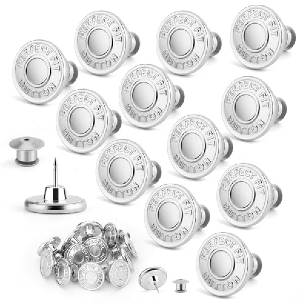 ESVIENS 12 Sets Jean Buttons for Loose Jeans, Button Pins for Jeans to Make Smaller, No Sew Button Replacement, Adjustable and Reusable Waist Tightener