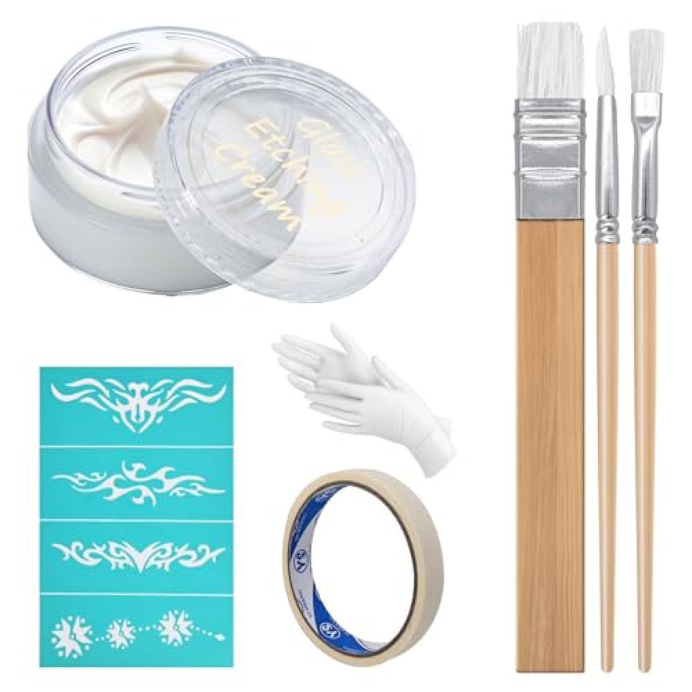 Etching Cream Kit for Glass, Etching Paste for Kit, DIY Art Craft Supplies Create Permanently Stunning, Bundled with 3 Application Brushes, 1 Paper Tape, 1 Nitrile Gloves, 1 Silk Screen Label