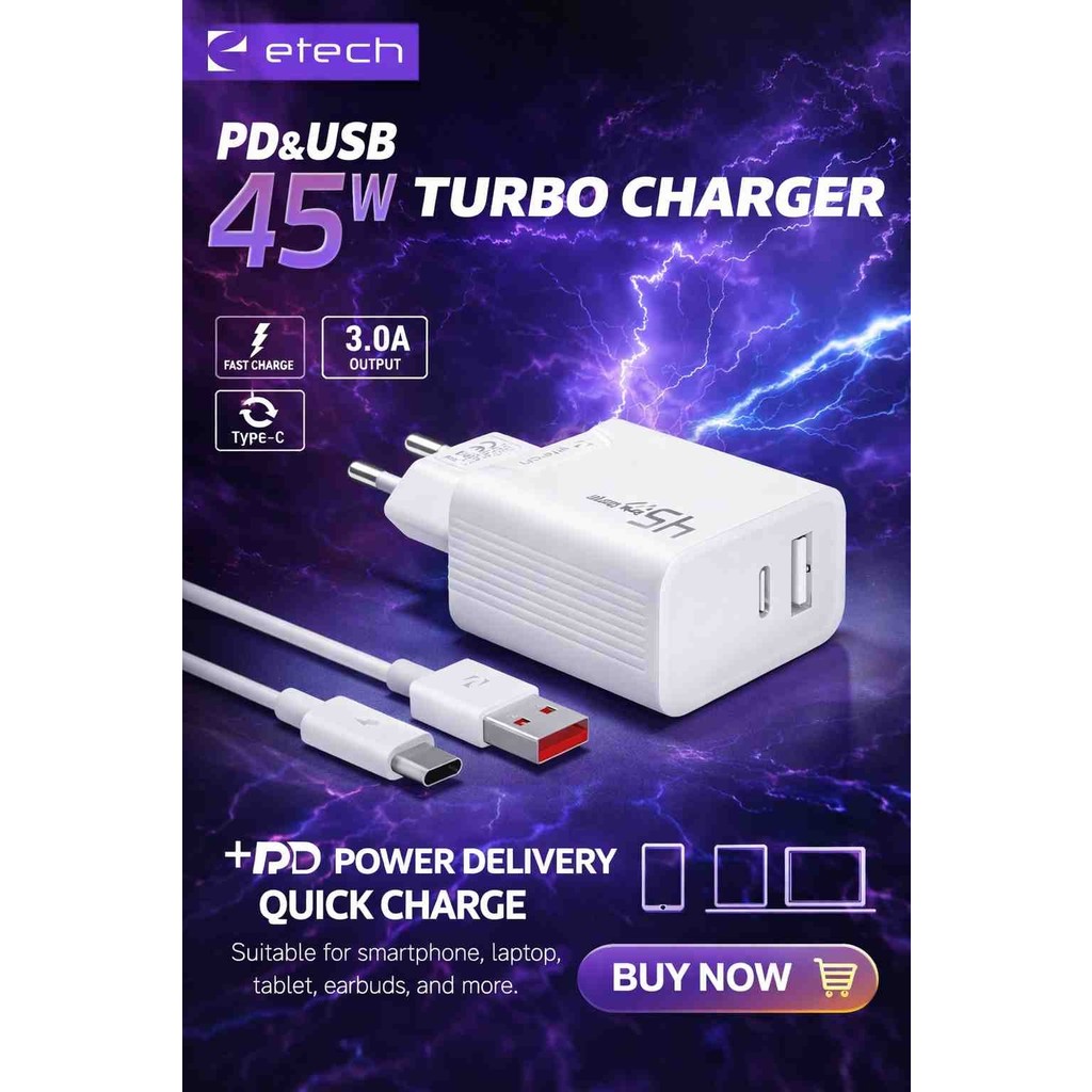 Etech ETC-007 45W Pd & USB Hızlı Şarj Adaptörü Type-C Kablolu 3.0A Turbo Charger - Beyaz Bilgisayar Çevirici ve Adaptörü Fiyatı