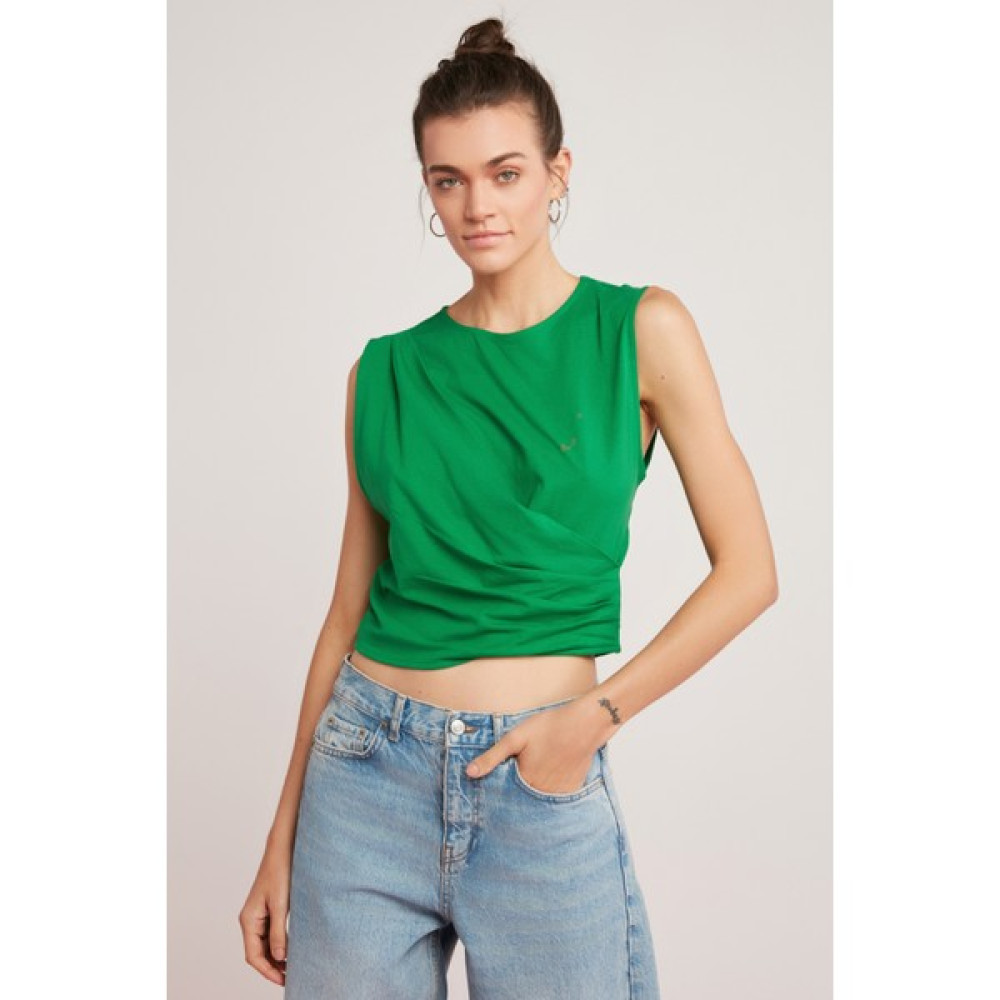 Ethiquet Annabel Kadın Drape Detaylı Yuvarlak Yaka Sıfır Kol Crop Yeşil T-Shirt Bayan T-shirt Fiyatı