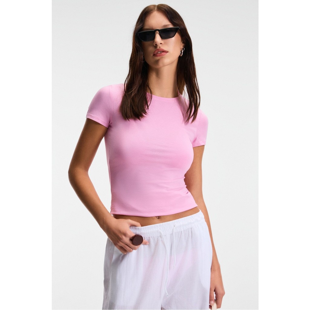 Ethiquet TARELIA Kadın Bisiklet Yaka Kısa Kollu Slim Pembe T-Shirt Bayan T-shirt Fiyatı