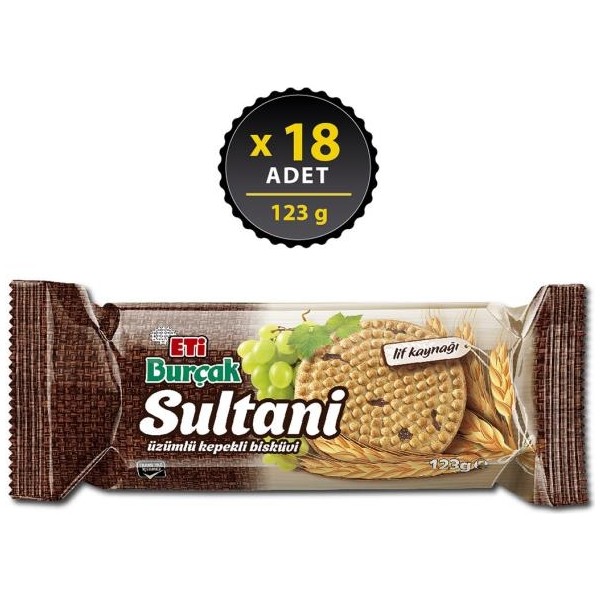 Eti Burçak Sultani Üzümlü Kepekli Bisküvi 123 G x 18 Adet - 1 Adet Diğer Fiyatı