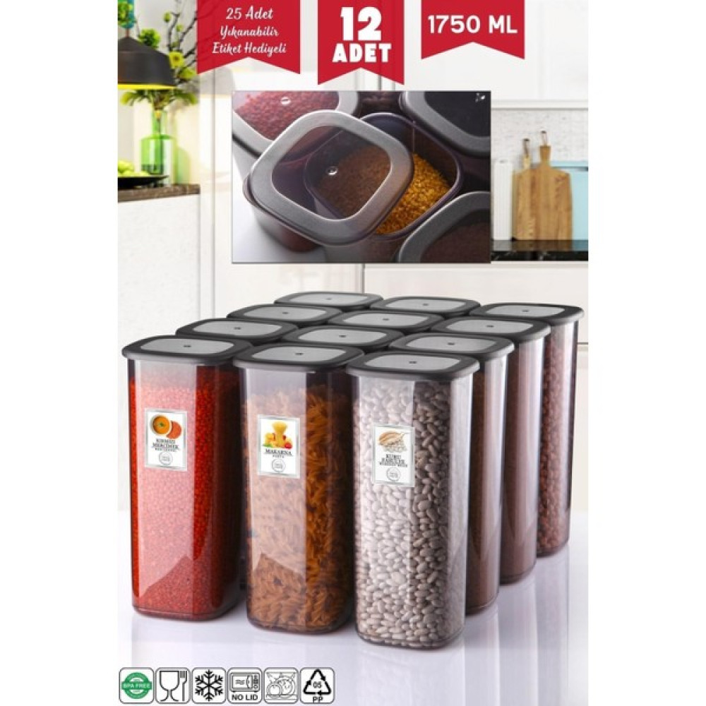 Etiketli 12 Adet 1750 ml Ekonomik Kırılmaz Antrasit Saklama Kabı Saklama Kapları Fiyatı